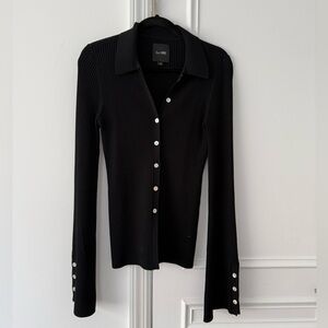 Black Ribbed Button-Up Top